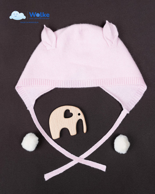 Baby Haube Rosa aus 100 % Cashmere – mit Bindeband